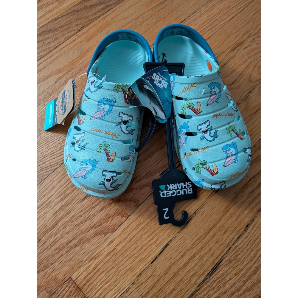 Rugged Shark Discovery Shark Week Kids Clogs Light Blue Surfing Shark Size 2 NEW